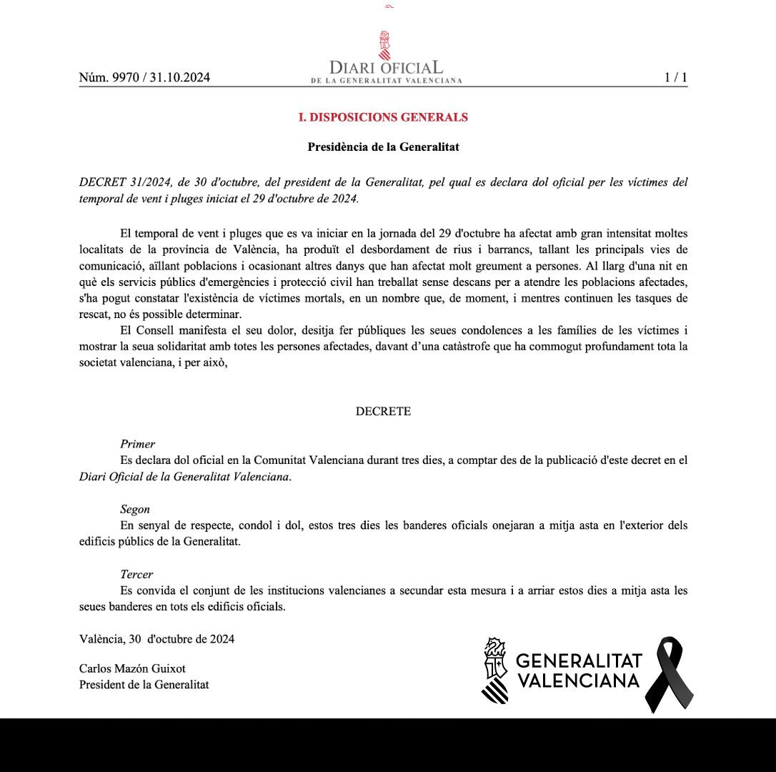 ⚫🏛 La Generalitat declara dol oficial per les víctimes del temporal de vent i pluges iniciat el 29 d'octubre de 2024