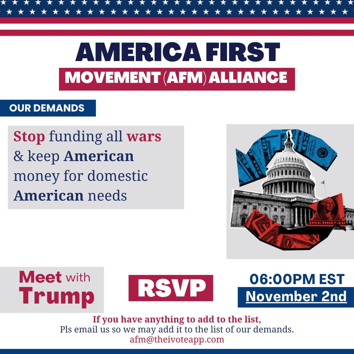 AfmAlliance's tweet photo. America First, Muslim &amp; Christian Leaders Meet with @realdDonaldTrump on 2nd November, 6:00 PM (EST)
RSVP Now to get the link: https://t.co/LNH52kFOAf
Join us on a zoom meeting with President Trump
#Trump #MuslimsforTrump #elections2024 https://t.co/YJ8LfKe8Z7