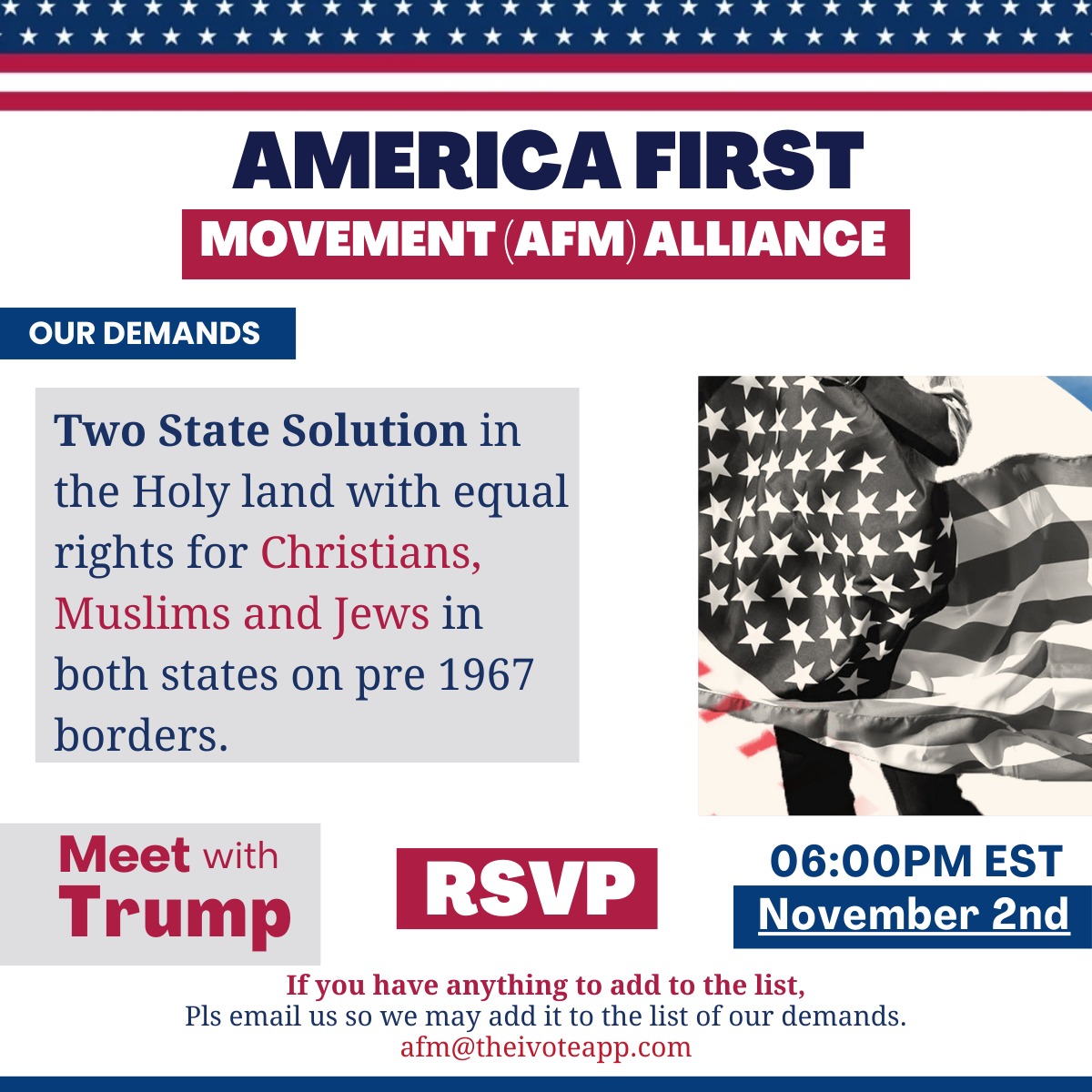 AfmAlliance's tweet photo. America First, Muslim &amp; Christian Leaders Meet with @realdDonaldTrump on 2nd November, 6:00 PM (EST)
RSVP Now to get the link: https://t.co/LNH52kFOAf
Join us on a zoom meeting with President Trump
#Trump #MuslimsforTrump #elections2024 https://t.co/7Q9tvKKe9s