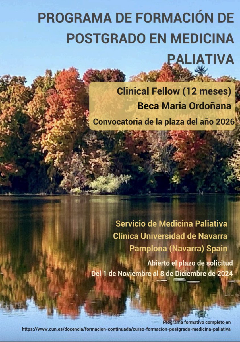 ATLANTES Global Observatory of Palliative Care (@atlantespc) on Twitter photo Si eres médico🩺y buscas formarte en cuidados paliativos, el Fellow en Medicina Paliativa de la <a href="/ClinicaNavarra/">Clínica Universidad de Navarra</a> podría ser para ti. Además, el programa da la opción para optar a la Beca María Ordoñana.
🗓️Solicitud: 1/11-8/12
🔗Más información: bit.ly/3YKDmQQ Si eres médico🩺y buscas formarte en cuidados paliativos, el Fellow en Medicina Paliativa de la <a href="/ClinicaNavarra/">Clínica Universidad de Navarra</a> podría ser para ti. Además, el programa da la opción para optar a la Beca María Ordoñana.
🗓️Solicitud: 1/11-8/12
🔗Más información: bit.ly/3YKDmQQ