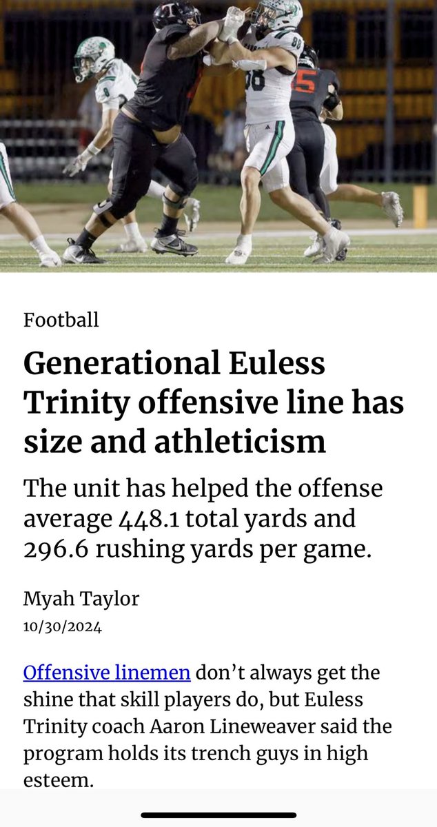 Molitoni4's tweet photo. Thank you Dallas Morning News on recognizing Trinity Trojans OLine. In the Trenches is like living in the shadows, good to see them get some recognition. #Hawgs #trinitytrojanfootball #eulesstrinity https://t.co/Rda14s66DF