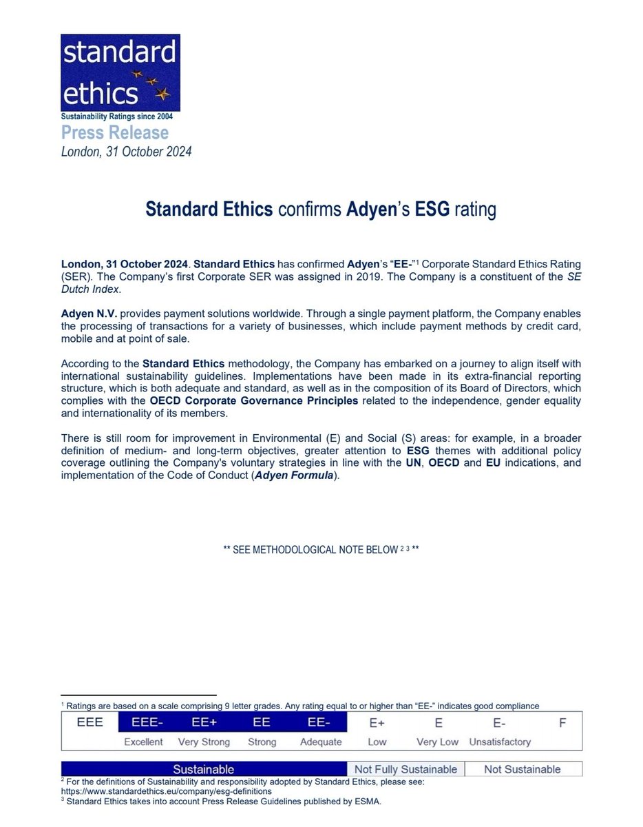 Standard Ethics (@standardethics) on Twitter photo Standard Ethics has today confirmed <a href="/Adyen/">Adyen</a> #ESG #rating. The Company is part of the Agency's Dutch Index. Read details below. <a href="/FD_Nieuws/">FD Nieuws</a> <a href="/Belga_English/">Belga News Agency_English</a> <a href="/DutchNewsNL/">DutchNews.NL</a> <a href="/Marketscreener1/">MarketScreener</a> #Sustainability #sustainablefinance #standards #compliance Standard Ethics has today confirmed <a href="/Adyen/">Adyen</a> #ESG #rating. The Company is part of the Agency's Dutch Index. Read details below. <a href="/FD_Nieuws/">FD Nieuws</a> <a href="/Belga_English/">Belga News Agency_English</a> <a href="/DutchNewsNL/">DutchNews.NL</a> <a href="/Marketscreener1/">MarketScreener</a> #Sustainability #sustainablefinance #standards #compliance
