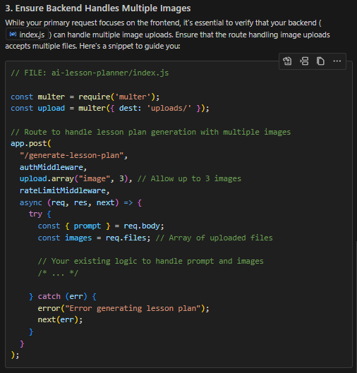 Simsimbutdev's tweet photo. First impressions about @github  copilots new upgrade!

And a couple of reasons why I feel it's not quite a @cursor_ai  killer yet...

Why it's awsome!

1. Really cool to use @OpenAI o1 models and @AnthropicAI Claude 3.5 Sonnet within the IDE through copilot.

2. The Copilot chat has been hugely improved! Before github chat vs cursor ai chat was simply a no contest. #Cursor was leagues ahead.

3. Moving the Ai bar to the right was smart, as everyone is used to that with Cursor.

My first try

I prompted o1-mini to upgrade my websites file inputs from a single file to up to 3 for premium accounts.

Result

In short, I was impressed. 

For the most part, it felt automatic. All the code worked except for the third insert. 

Which was one of the "Rest of the code below", where it just pasted the exact text in the box. It did not figure out where it needed to go and added it into the existing code, rather it replaced the whole block of code with exactly what was in the box, so had to do this manually. 

Although it has to be said, when I updated that piece of code by hand, it worked!

It missed a couple of nuances, for example It did not make multiple image uploads exclusively for premium users.

That being said, there were no errors! Very impressive on a first attempt!

A totally different experience from the old copilot chat, which I found almost unusable compared to other alternatives.

Why I feel it's not quite a cursor killer yet...

1. When implementing a change to the code, it actually types out the entire file (with the changes in the box). 

This seems to take an unneccesarily long time.

2. It is not as 100% in your face clear what changes have occured. You can tell by the blue lines next to the line numbers but, not as clear and user friendly IMO as Cursors UX.

with cursor it simply inserts the new code above the old in green, with the old in red and gives you the option of which one to keep.

I love this, it makes the change so clear and efficient!

Thats why I feel there is still a little work to do, but hats off to the  #Github team! you have vastly improved Github copilot!

Having the reasoning models in there definatly puts you guys back up there!

The pace that Ai is moving is absolutely insane. Who knows what it will be able to do this time next year!

#AI #Anthropic #OpenAi #developers