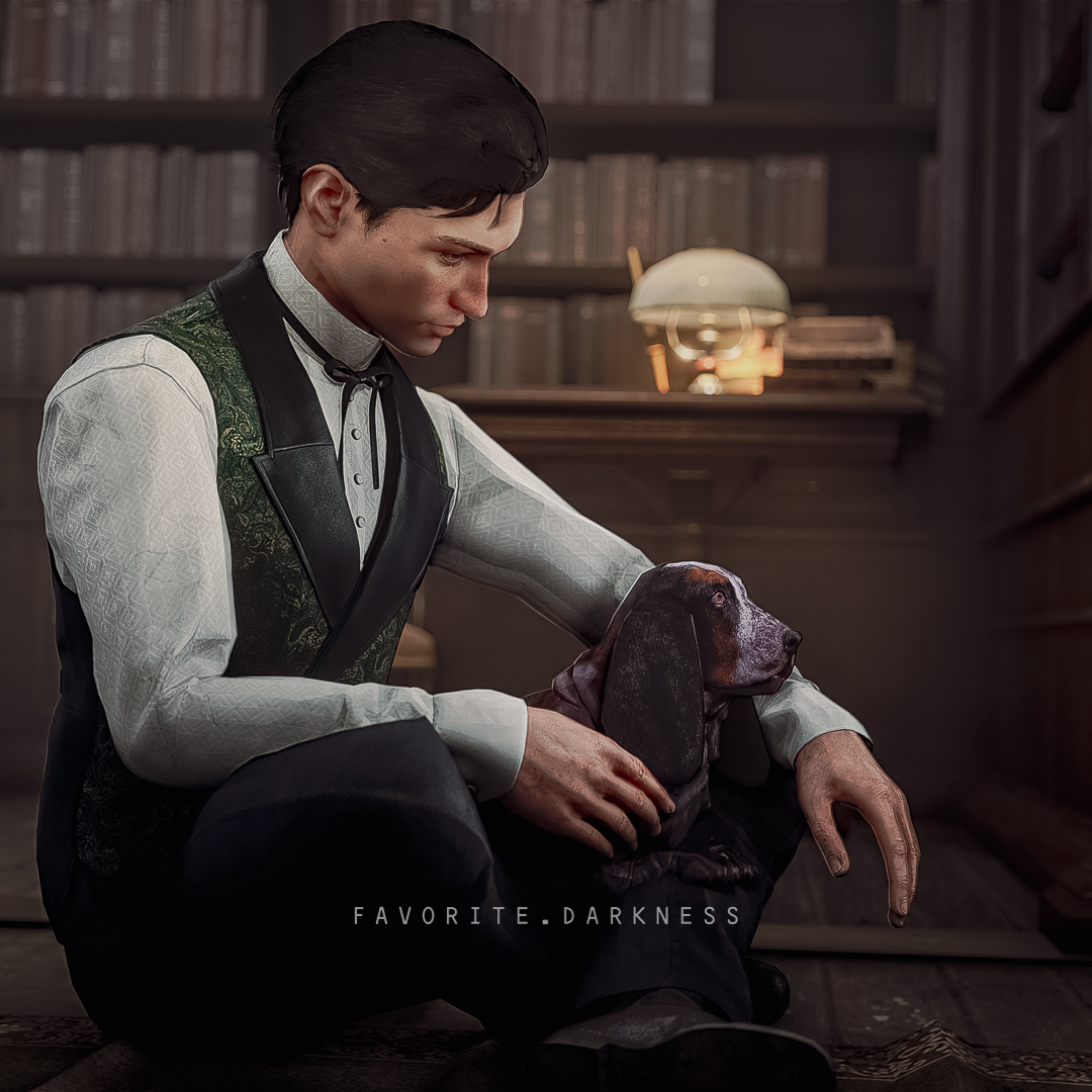 favedarkness's tweet photo. Inspired by the cuteness overload that I witnessed on @AlexJordanVO's streams, when introducing Gatsby, I present to you Sherlock and Mr. Barnes' puppy.

@Frogwares @SHolmes_Games https://t.co/cNNmUFuS2S