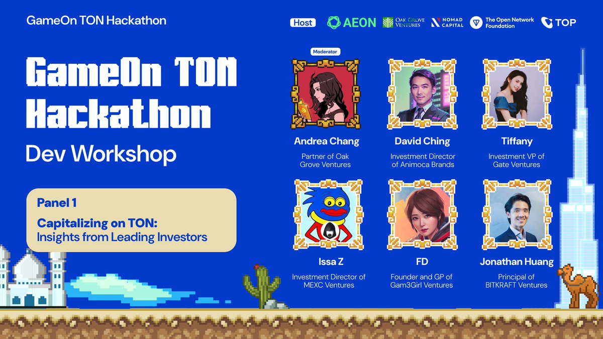 AEON_Community's tweet photo. 🔥 Get ready for the insightful panel at the #GameOnTON Hackathon!
🌟 Meet the experts leading the conversation on “Capitalizing on TON: Insights from Leading Investors” with:

Host:
🎙 Andrea Chang @Andrea__Chang, Partner of Oak Grove Ventures @OakGroveVC

Panelists:
🎙 David Ching @abcdave, Investment Director of Animoca Brands @animocabrands 
🎙 Tiffany @hella_tifficult, Investment VP of Gate Ventures @gate_ventures 
🎙 Issa Z @Issa_Issa_Z, Investment Director of MEXC Ventures @MVenturesLabs 
🎙 FD @Gam3Girl_GP, Founder and GP of Gam3Girl Ventures @GAM3GIRLVC 
🎙Jonathan Huang @fareastwitcher, Principal of BITKRAFT Ventures @BITKRAFTVC 

📅 Nov 1st, 1PM - 6PM
🎫 https://t.co/gwyQKhysT1
Join us to unlock new opportunities within the #TON ecosystem!
#AEON