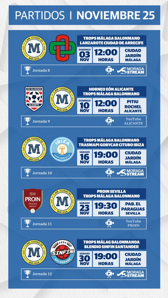🗓️ Mañana viernes inauguramos el mes de noviembre. Estos son los encuentros que disputaremos en las próximas semanas. 

¡Vamos, <a href="/fTROPS/">TROPS</a>!