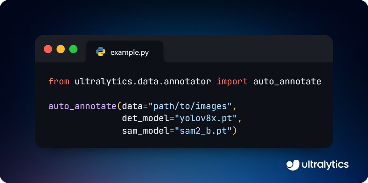 ultralytics's tweet image. Auto Annotation using SAM2 &amp;amp; Ultralytics 🚀

You can streamline your annotation workflow using Segment Anything 2 (SAM2), which allows for automatic data segmentation, reducing manual effort and saving time. 

Learn more: docs.ultralytics.com/models/sam-2/

#segmentanything #ai #ml