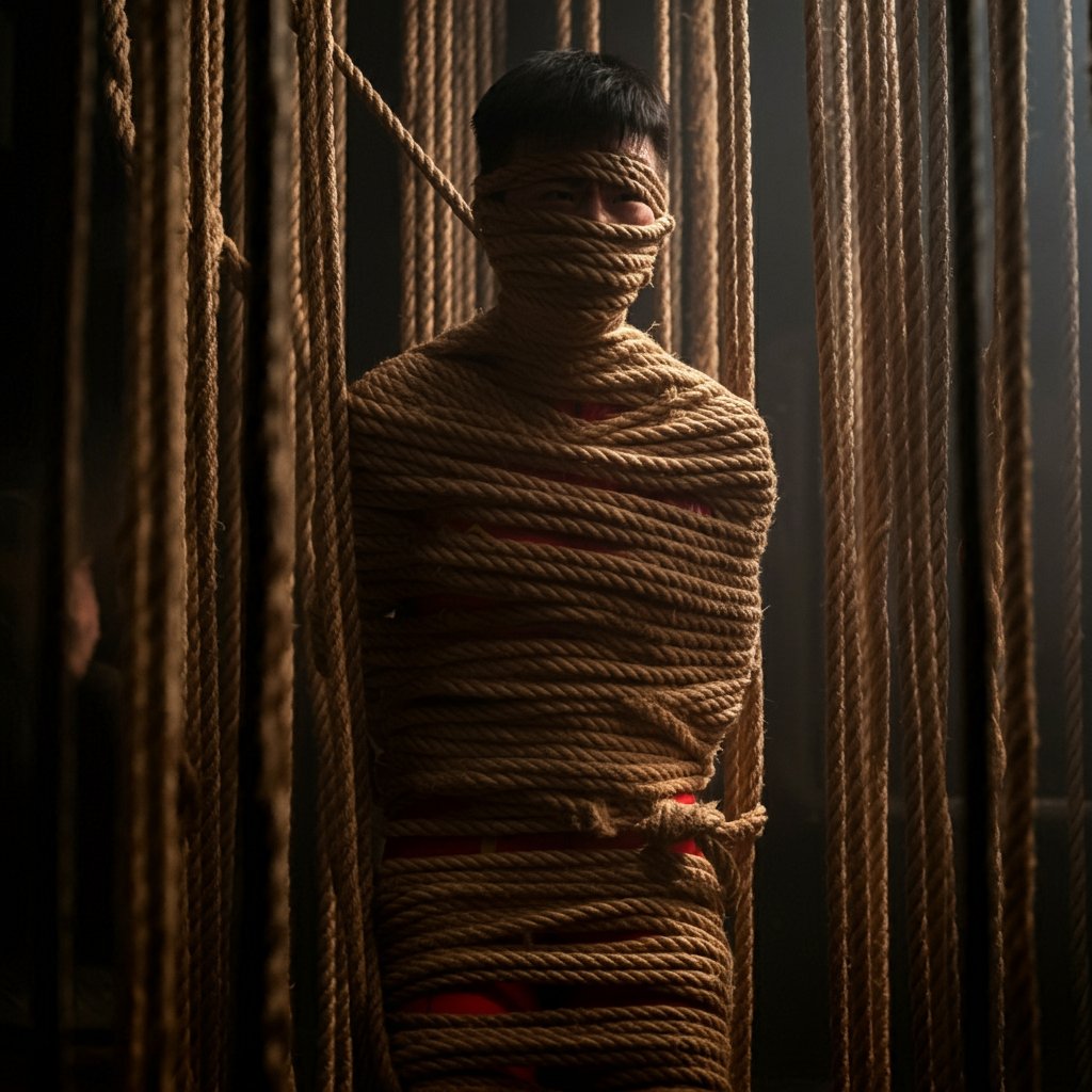 【AIGC】绝望禁锢
绳索迅速地从四周袭来，套在他的手臂上，拉到身后
随后，开始一圈一圈地缠绕在他身上
“好紧啊……”原本就已经精疲力竭的少年们，被绳索缠绕得失去了抵抗能力
“好好享受我这陷阱吧，小战士们”
随着束缚逐渐加重，他们的手臂开始发麻
最终，他们成为了一批崭新的木乃伊标本，再无法解脱