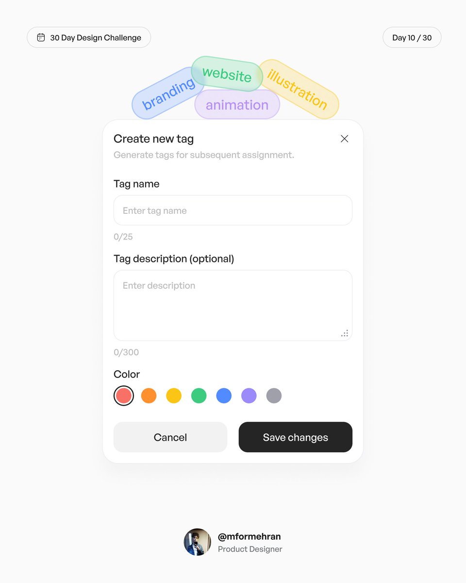mformehran's tweet photo. Day 10: Tag management
I'm challenging myself to design something new each day for the next 30 days and share it here. Who's in? Let's spark some creativity together!
#uidesign #uxdesign #productdesign #uiux #uiuxdesign #tagmanagement #30daydesignchallenge https://t.co/q3DHDUmOrA