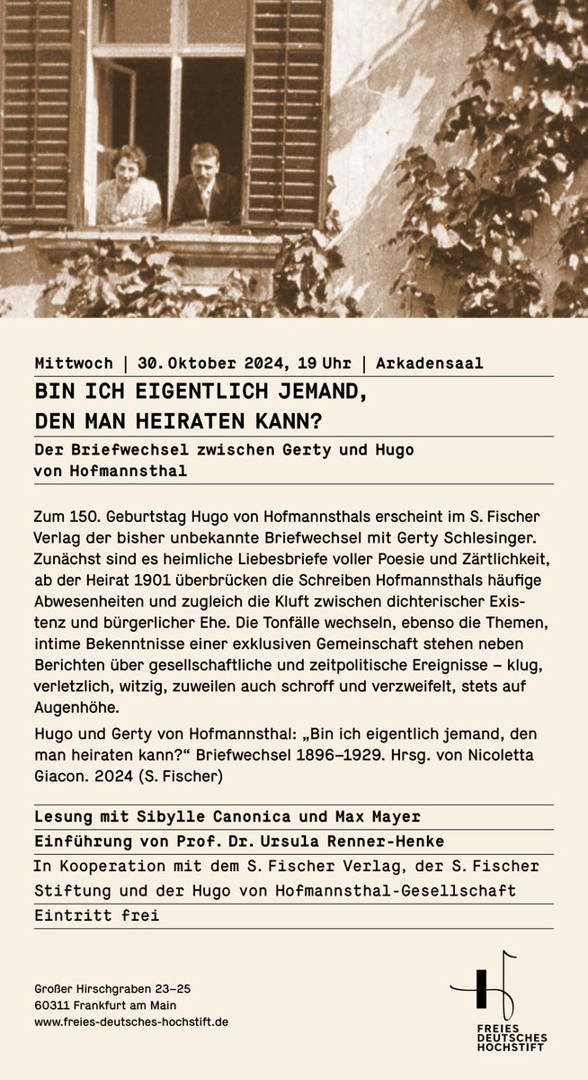 HofmannsthalGes's tweet photo. Gestern gab es in Frankfurt mit der großartigen Lesung von Sibylle Canonica und Max Mayer erste Einblicke in den Ehebriefwechsel von Gerty und Hugo von Hofmannsthal sowie erste Vorabexemplare. 
Der Band erscheint am 27.11. bei @sfischerverlage:
https://t.co/m9KMvglsBj https://t.co/lmQ9dXUhRg