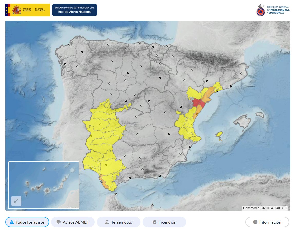 💡ACTUALIZACIÓN de la situación sobre fenómenos meteorológicos adversos #FMA👇

🟥🌧️#Castellón
⚠️Riesgo EXTREMO hasta las 14:00 h. de hoy jueves

ℹ️ Información a 2⃣4⃣ horas en el visor de la Red de Alerta Nacional👉ran-vmap.proteccioncivil.es