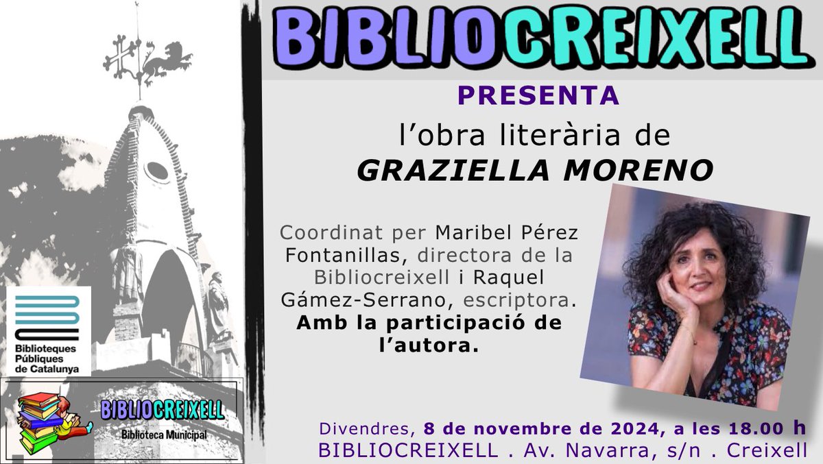 📌 El divendres dia 8 de novembre, a les 18.00 h, la jutgessa i escriptora Graziella Moreno vindrà a la Bibliocreixell.

📚La proposta va sorgir a la conferència del festival CREIXELL.CRIMS, arran de la petició dels assistents. 
Us hi esperem!