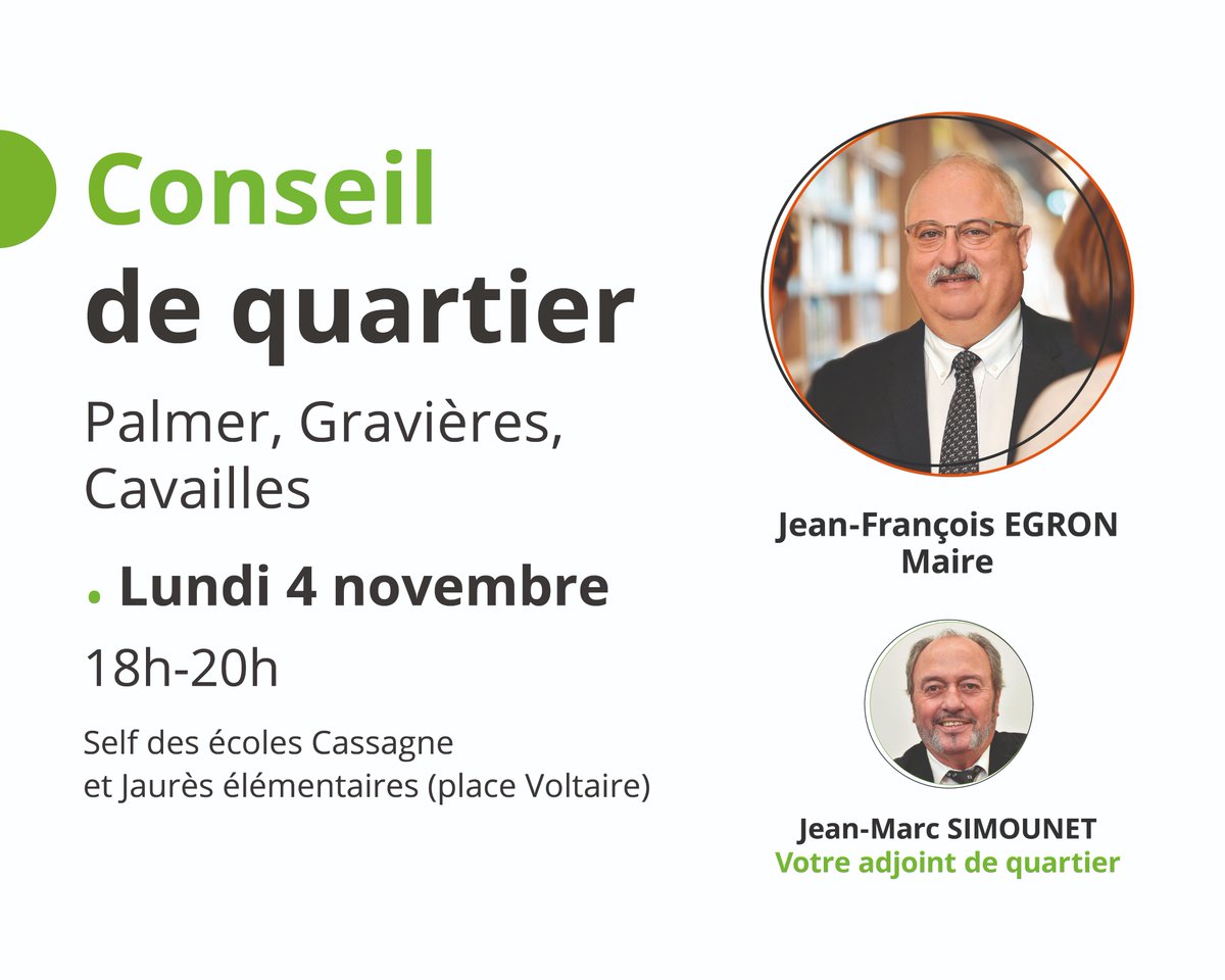 Le conseil des #quartiers Palmer, Gravières et Cavailles se déroulera ce lundi 4 novembre, de 18h a 20h au Self des écoles Cassagne et Jaurès élémentaires (place Voltaire).
En présence du Maire <a href="/JEgron33/">Jean-Francois Egron</a>  et de votre adjoint de quartier Jean-Marc Simounet.

#vivreacenon