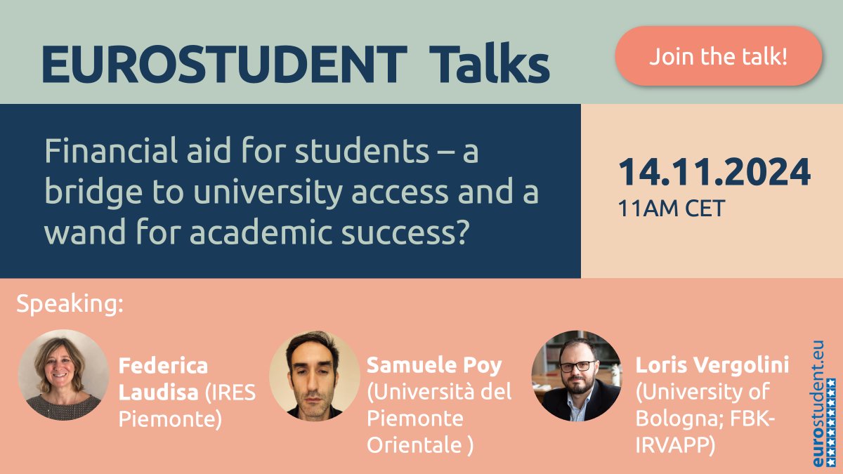 Is students' financial aid a bridge to university access and a wand for academic success? 🧐 We'll find out at the next EUROSTUDENT Talks on November 14. 
Come and join us! 👋

Register 👉 tinyurl.com/3bs3vbh2

<a href="/LorisVergolini/">Loris Vergolini</a> @samuelepoy