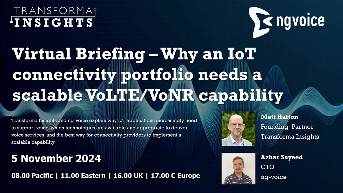 Matt Hatton (@mattyhatton) on Twitter photo There's still time to register for the <a href="/transformatweet/">Transforma Insights</a> webinar today where we explain how important voice services are for IoT, the optimum mechanism for delivering it (hint: VoLTE) and the best strategies for IoT connectivity providers.
Register: registration.anymeeting.com/E952DA8082483B… There's still time to register for the <a href="/transformatweet/">Transforma Insights</a> webinar today where we explain how important voice services are for IoT, the optimum mechanism for delivering it (hint: VoLTE) and the best strategies for IoT connectivity providers.
Register: registration.anymeeting.com/E952DA8082483B…