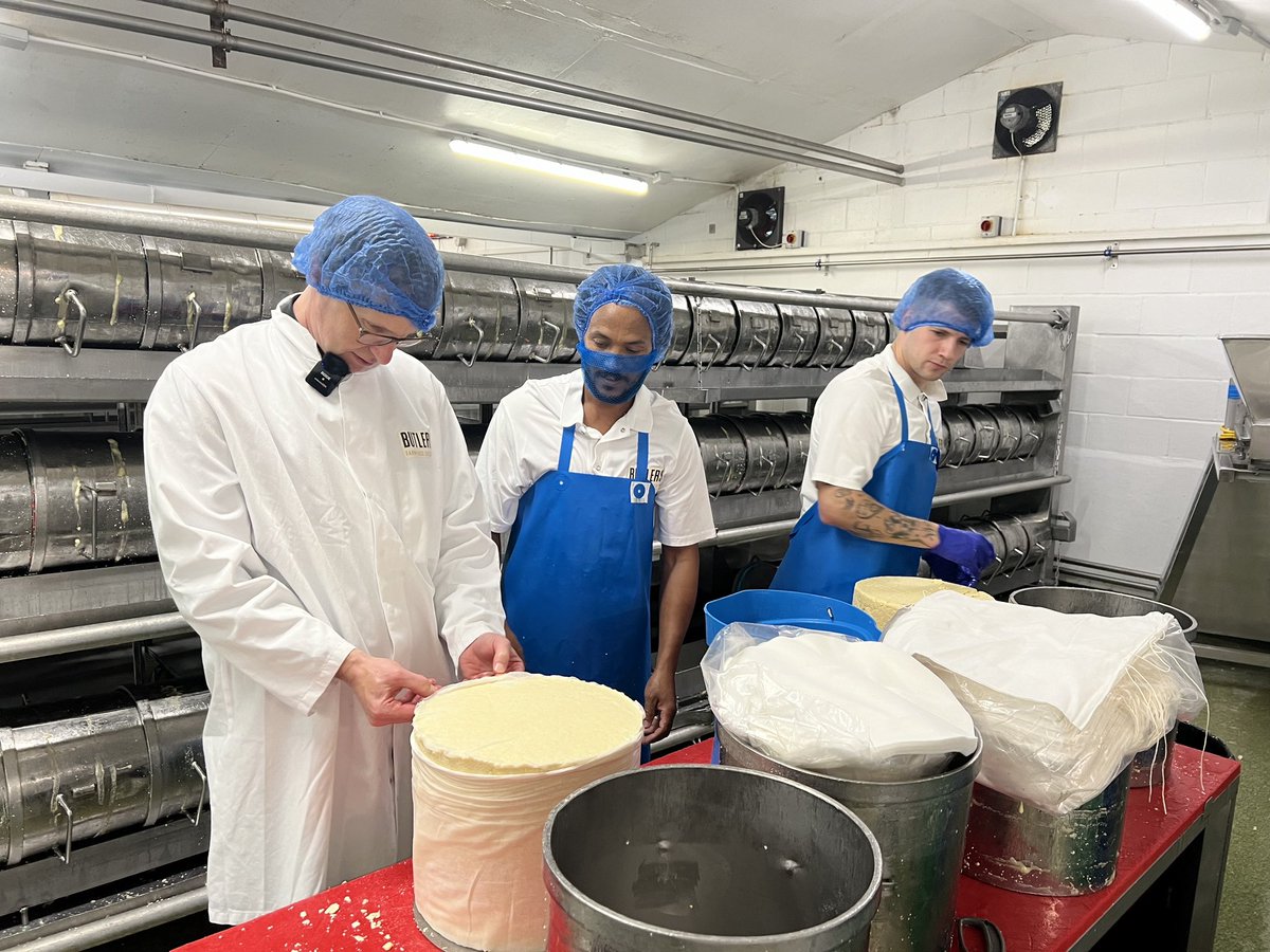 GregorStewart4's tweet photo. Bishop Philip, visited Butlers Cheese for his Harvest Heptathlon. Learning about cheese making and how this amazing local business supports the community. We even got the chance to help make some cheese. Thanks to @ButlersCheese for being so welcoming. @BpBlackburn@cofelancs https://t.co/y54dXpLqj3