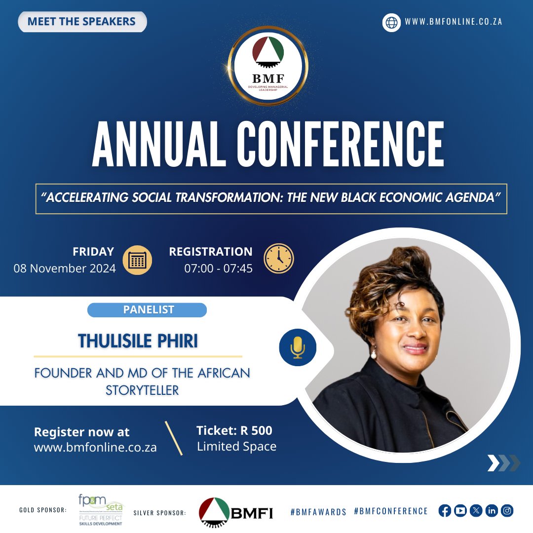Just over a week to go until the BMF Annual Conference on November 8, 2024! 

Join us for a day of inspiration with keynote speaker Ms. Phumzile S. Mgcina and other thought leaders as they tackle South Africa's transformation agenda. Get your tickets! ow.ly/1zqF50TRumc