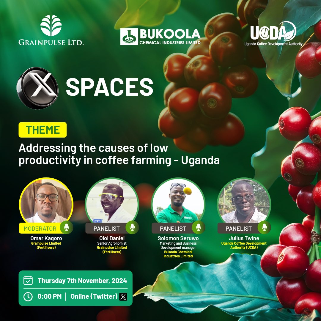 Want to be part of our coffee date? 

Join our X space, on Thursday 7th November at 8:00 pm, as we discuss the causes of low productivity in coffee farming. 

We will be discussing with experts from <a href="/CoffeeUganda/">MAAIF_Coffee Production & Development Dept</a> and <a href="/BukoolaChemical/">Bukoola chemicals</a> 

You do not want to miss it.