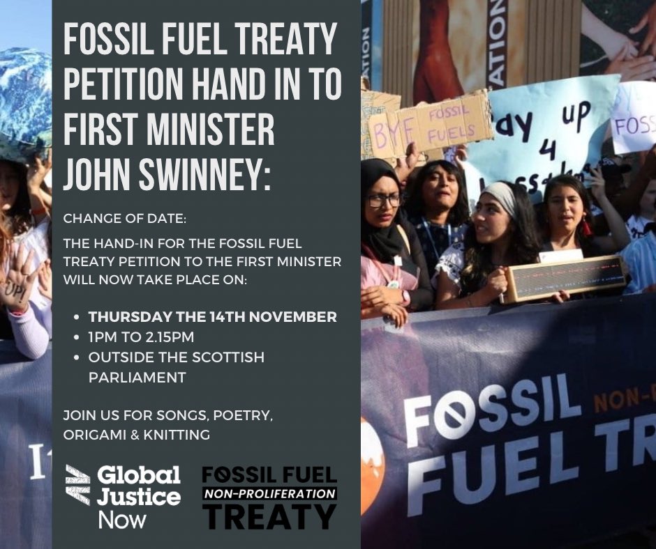 paperboatswrite's tweet image. 🗓️ Fossil Fuel Treaty Petition hand-in at the Scottish Parliament. 

14th November 1-2.15pm. 

Along with @globaljusticenow Scotland, we’ll be calling on First Minister @JohnSwinney to make Scotland a climate leader again and back the call for a #FossilFuelTreaty.  

Join us!
