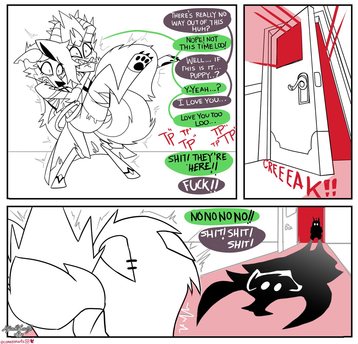 CorazonArts's tweet photo. A small #GreedyWolf #sketch comic of their common fear for this #Halloween! Along with another surprise later! 
Part 1/?
#helluvaboss  #Loona #loonahelluvaboss #Hellaverse #HelluvaBossOC #HelluvaBossFanart #furryarts #furry #Ghostfuckers #HappyHalloween #Helluvaboss #Aless https://t.co/Xoar6TNBLg