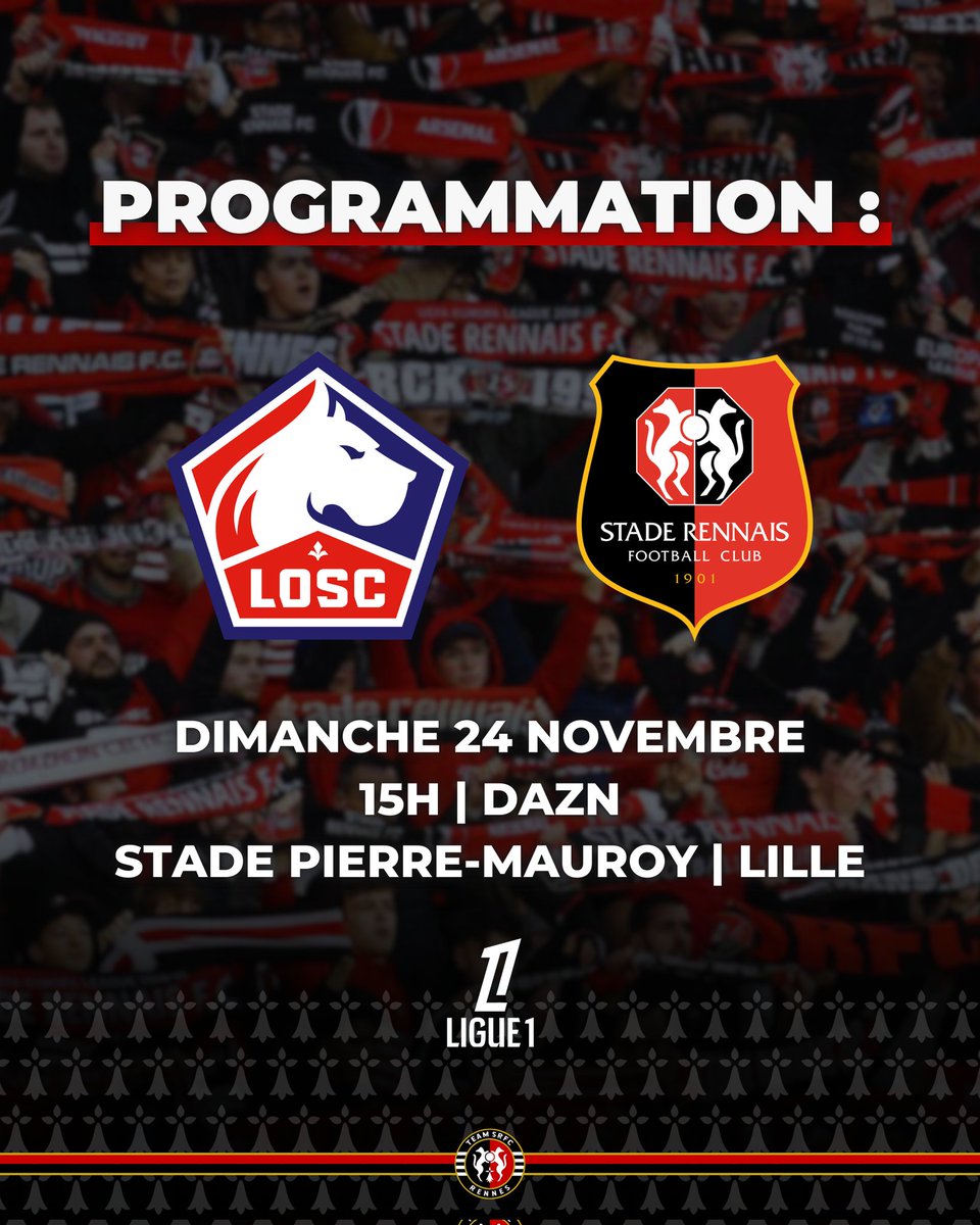 team_srfc's tweet photo. #ProgrammationTV
🗓 Les programmations TV des 12ème et 13ème journées de @Ligue1 sont connues !
✈️ Les #RougeEtNoir se déplaceront à Lille le dimanche 24 novembre à 15h. Match diffusé sur DAZN. https://t.co/aVS5X0ry2J