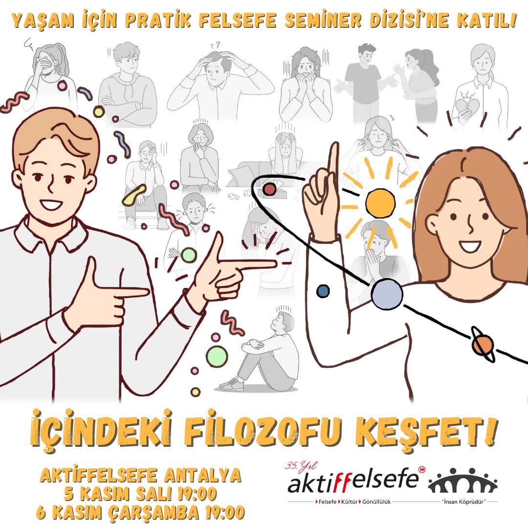 Yaşam İçin Pratik Felsefe Seminerlerimize devam ediyoruz. 

Siz de kendinizi tanıma yolunda bir adım atmak isterseniz yeni açılacak gruplarımıza sizleri davet ediyoruz. 

5 Kasım Salı, Saat 19.00
6 Kasım Çarşamba, Saat 19.00