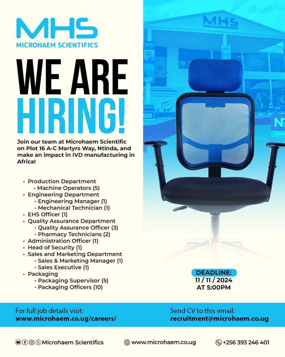 MicrohaemScientifics (@microhaem) on Twitter photo We’re seeking exceptional individuals to join our team!If you have the skills to thrive in these roles, please visit our website at microhaem.co.ug/careers/ for job details.
To apply, send your Application and resume to recruitment@microhaem.co.ug by November 11, 2024.
#hiring We’re seeking exceptional individuals to join our team!If you have the skills to thrive in these roles, please visit our website at microhaem.co.ug/careers/ for job details.
To apply, send your Application and resume to recruitment@microhaem.co.ug by November 11, 2024.
#hiring