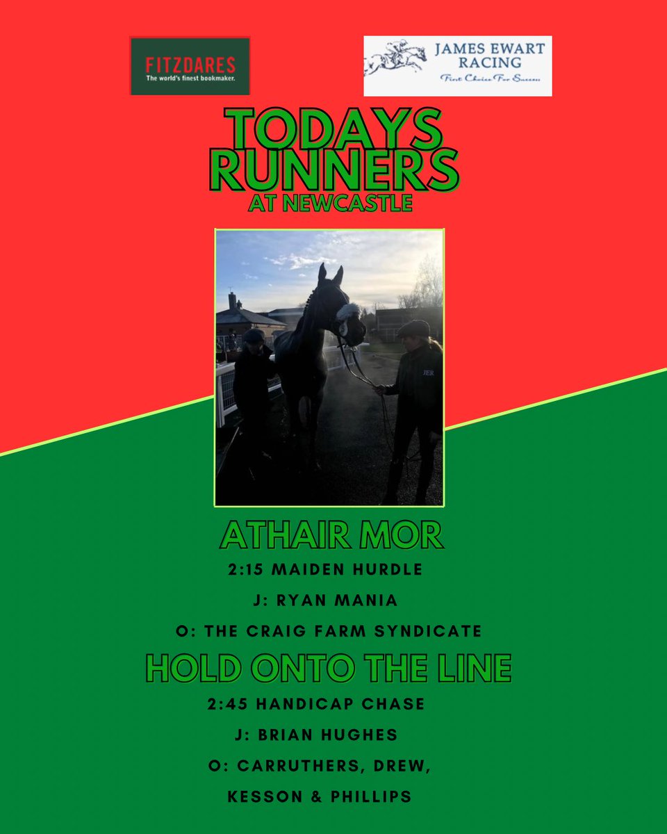 Today’s Runners at <a href="/NewcastleRaces/">Newcastle Racecourse</a> 🌟

ATHAIR MOR has his first race in the 2:15 maiden hurdle with guidance of Ryan Mania on board. 🏇🏻

Stalwart HOLD ONTO THE LINE is back in action, taking on the 2:45 handicap chase Brian Hughes. 🏇🏻

 Best of luck to all connections! 🤞🏼☘️