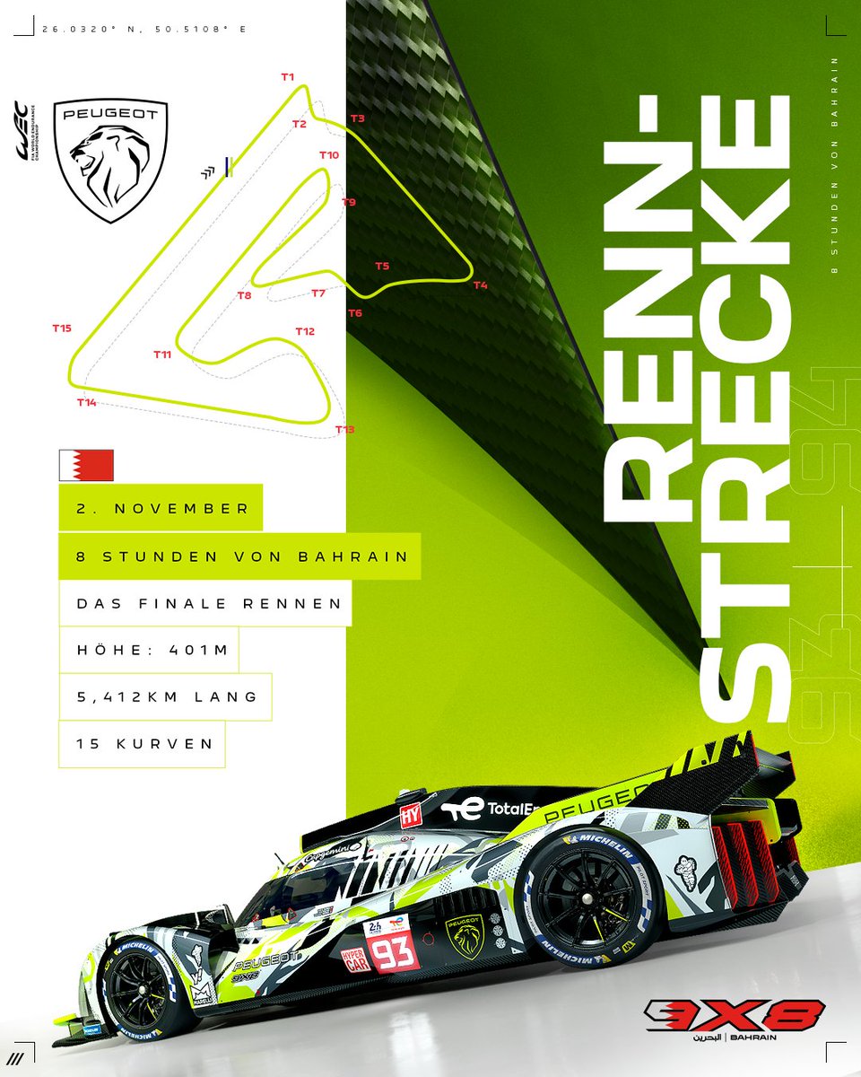 Wir haben in der Wüste von Katar begonnen und sind nun für die letzte Runde in Bahrain zurück.
Dieses Jahr feierte die Strecke ihr 20-jähriges Bestehen und war zum 13. Mal Gastgeber eines FIA WEC-Laufs. 

#Peugeot9X8 #AllureBornToRace #8HBahrain