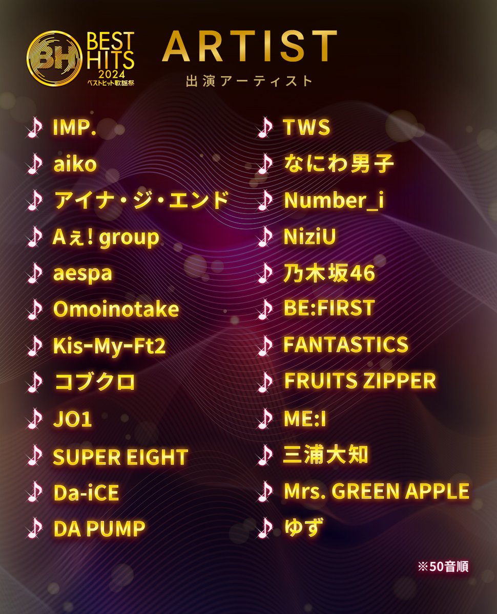 besthitskayosai's tweet photo. ◤◢◤🎵情報解禁🎵◢◤◢

#ベストヒット歌謡祭 2024🎤
🎊出演アーティスト発表🎊

11/14(木)よる7時から3時間生放送✨
2024年を彩ったアーティストが
一夜限りの夢のステージをお届け🎤
ぜひフォロー&amp;RPを！ https://t.co/c1BRAnPQnk