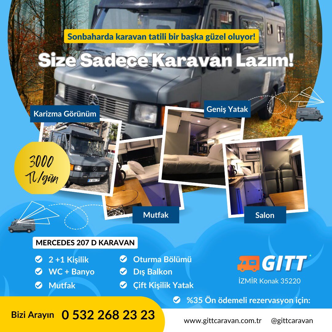 gittcaravan's tweet photo. Sonbaharın renkleri ile doğayı keşfet! Mercedes 207 D karavanımız ile sonbaharın keyfini karizma çıkarın! https://t.co/apqPV3YGju izmir 05322682323 #karavan #kiralıkkaravan https://t.co/cUMvQsAor0