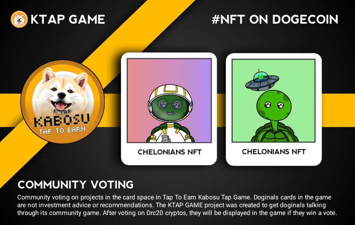 cyrdoge's tweet image. 🟨 - VOTE WITH CHELONIANS 🗳️

• CHELONIANS NFT 🟩

Vote in the comments if you want @Chelonians_NFT in the Doginals cards part. 💎🎉

24 h vote 

#CHELONIANS #Doginal #Drc20 #KabosuTap #Ktap #Pepe #Dogi #Wufi #Musk #Anft #Armz #Pump #Dgdg #Wiww #Wuuw #Ltdg #Dnld #NFT ...