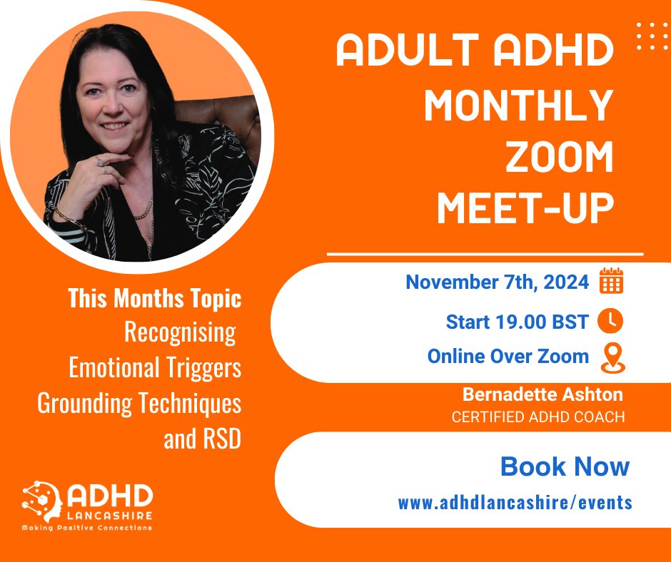 Come and join us next week for the Adult ADHD meet-up on Zoom.

Are you feeling overwhelmed or struggling with Rejection Sensitive Dysphoria?

🗓 Date: Thursday, 7th November
⏰ Time: 7 pm - 8:30 pm UK Time

Spaces are limited. Don't miss out!

adhdlancashire.com/event-details/…