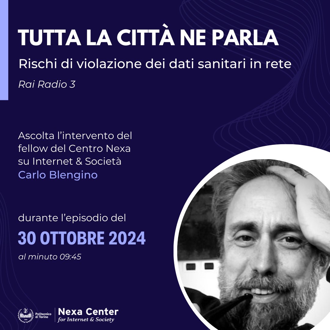 nexacenter's tweet photo. 🎙️ Ascolta l'intervento del fellow del Centro Nexa Carlo Blengino a Tutta la città ne parla (@Radio3tweet), durante l'episodio dal titolo "Rischi di violazione dei #datisanitari in #rete", di mercoledì 30 ottobre (minuto 09:45)
🔗 MORE: https://t.co/yfYJOrrPJ3
#RaiRadio3 https://t.co/QQ4qbOmunr