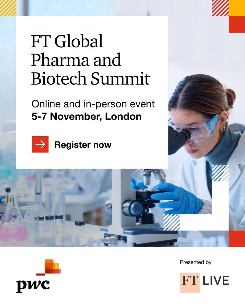 PwC_UK's tweet photo. Connect with thought leaders in pharma and life sciences and explore how advances in technology, like AI, can transform research and development, and market access at The Global Pharma and Biotech Summit @FTLive.  

https://t.co/wXQoTmWbUT 

#FTLive #AI #BeTransformative https://t.co/f6OlfMUWqf