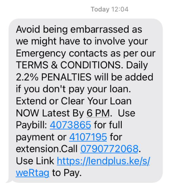 Jonmigwi's tweet photo. @CBKKenya we thought you outlawed debt shaming because @LendplusK  still threatens to reach out to contacts. How can Kenyans reach out to CBK to file a complaint? https://t.co/kxa78OTKDR