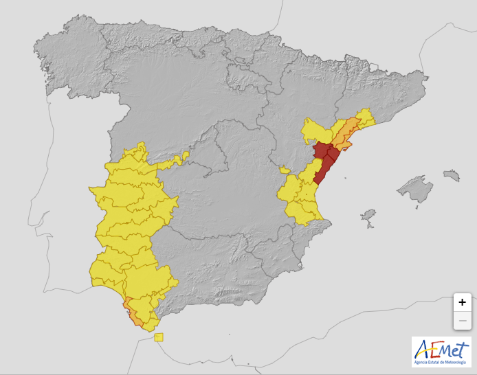 📢⚠️⛈️Previsión de alertas de la Agencia Estatal de Meteorología.

🔴Alerta roja en el norte de la provincia de Castellón.

🟠Alerta naranja en el sur de Tarragona y en el oeste de Cádiz.

🚨Se recomienda no circular en las provincias de Castellón, Tarragona y Cádiz.