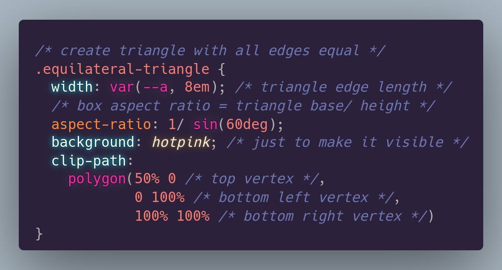 anatudor's tweet photo. #tinyCSStip Want to create a triangle with all edges equal?
Such a triangle also has all vertex angles equal = (sum of angles in a triangle)/3 = 180Β°/3 = 60Β°
π https://t.co/u5gIIDq05b
Knowing its edge length a, its height is aΒ·sin(60Β°).
Aspect ratio of the box a/(aΒ·sin(60Β°)) https://t.co/UwqKuDtK6H