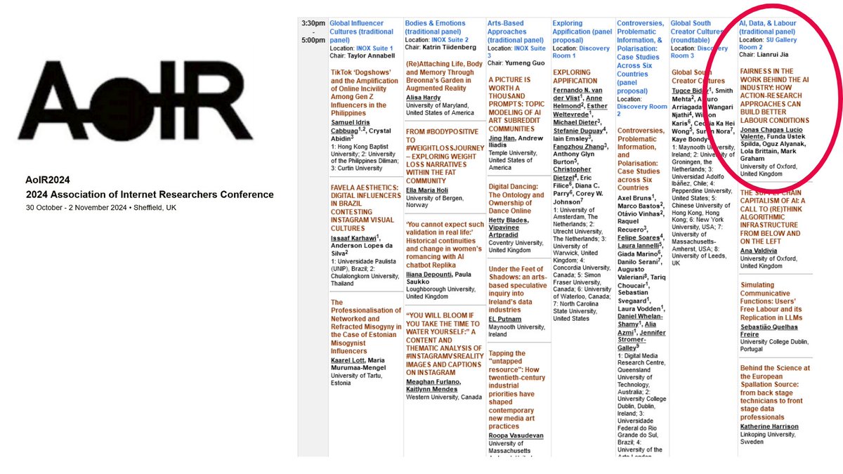 Fairwork (@towardsfairwork) on Twitter photo Who else is at #AOIR2024?! 👀 Don't miss <a href="/jonasvalente/">Jonas Valente</a> TODAY at 15:30 on the #AI, Data and Labour Panel discussing the role of #ActionResearch in building better labour conditions.
<a href="/AoIR_org/">AoIR ➡️ 🐘 @AoIR@aoir.social</a> <a href="/oiioxford/">Oxford Internet Institute</a> <a href="/geoplace/">Mark Graham 🌃✨</a> <a href="/fundaustek/">Funda Ustek Spilda</a> <a href="/oguzbikbik/">Oğuz Alyanak</a>
Full program: conftool.org/aoir2024/sessi… Who else is at #AOIR2024?! 👀 Don't miss <a href="/jonasvalente/">Jonas Valente</a> TODAY at 15:30 on the #AI, Data and Labour Panel discussing the role of #ActionResearch in building better labour conditions.
<a href="/AoIR_org/">AoIR ➡️ 🐘 @AoIR@aoir.social</a> <a href="/oiioxford/">Oxford Internet Institute</a> <a href="/geoplace/">Mark Graham 🌃✨</a> <a href="/fundaustek/">Funda Ustek Spilda</a> <a href="/oguzbikbik/">Oğuz Alyanak</a>
Full program: conftool.org/aoir2024/sessi…