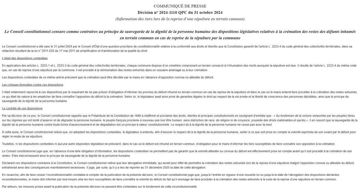 "Le Conseil constitutionnel censure comme contraires au principe de sauvegarde de la dignité de la personne humaine des dispositions législatives relatives à la crémation des restes des défunts inhumés en terrain commun en cas de reprise de la sépulture par la commune"