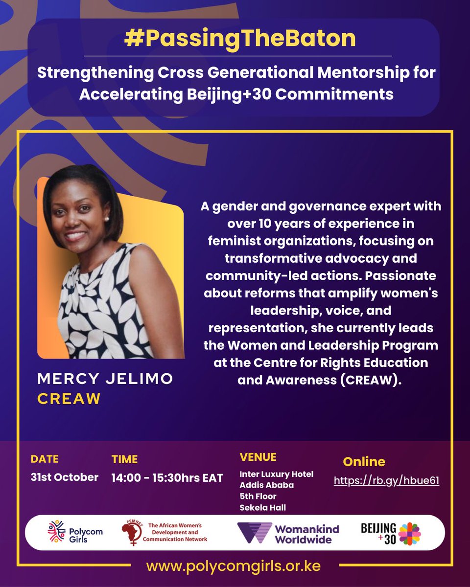 <a href="/nankunda20/">Hope Nankunda</a> <a href="/RaisingTeensUg2/">Raising Teenagers Uganda🇺🇬</a> <a href="/FemnetProg/">FEMNET</a> <a href="/woman_kind/">Womankind Worldwide</a> <a href="/unwomenkenya/">UN Women Kenya</a> <a href="/unwomenafrica/">UN Women Africa</a> <a href="/UN_CSW/">United Nations CSW</a> <a href="/SDGsKenyaForum/">Coalition for Sustainable Development</a> <a href="/RozariaConnects/">Rozaria Memorial Trust</a> <a href="/CREAWKenya/">CREAW Kenya</a> <a href="/vanyaradzayi/">Nyaradzayi Gumbonzvanda</a> <a href="/NawiAfrica/">Afrifem Macroeconomics Collective</a> <a href="/HellenMalinga/">Hellen Malinga</a> <a href="/GenEqualityKe/">Generation Equality Kenya</a> <a href="/kachambwa/">Memory Kachambwa</a> <a href="/nyasigoti/">JANE Anyango ODONGO</a> <a href="/UNFPAKen/">UNFPA Kenya</a> <a href="/betty_habene/">Habene Betty</a> Meet <a href="/mercyjelimo/">Mercy Jelimo</a> from <a href="/CREAWKenya/">CREAW Kenya</a> a passionate advocate on reforms that amplify women's leadership, voice and representation. 
 #PassingTheBaton #Polycomspeaks #AfricaBeijing30 #PolycomAtEthiopia