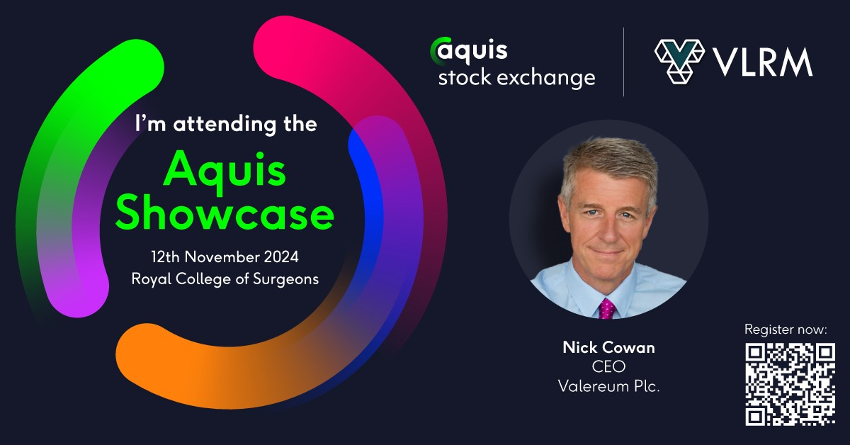 We have been given a great opportunity at the #Aquis Showcase event! I will be speaking alongside other CEOs that are quoted on the Aquis Stock Exchange, presenting my pitch for @valereumplc and what we’re trying to achieve.

#AquisShowcase
#AquisStockExchange
#VLRM