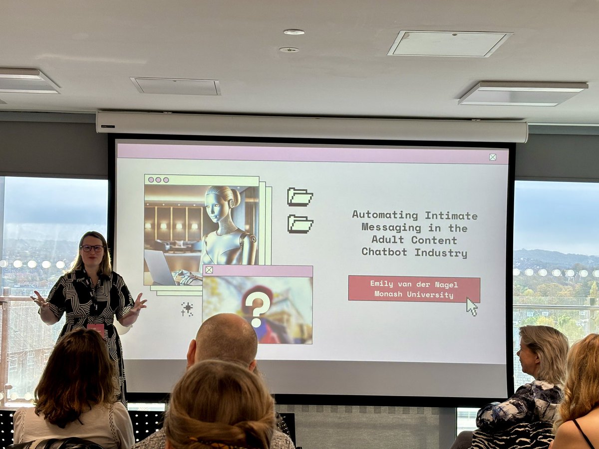 So amazing to get to hear from my whole bibliography in this panel! Next up is <a href="/emvdn/">Emily van der Nagel</a> talking about automating chatbots on adult platforms #AoIR2024