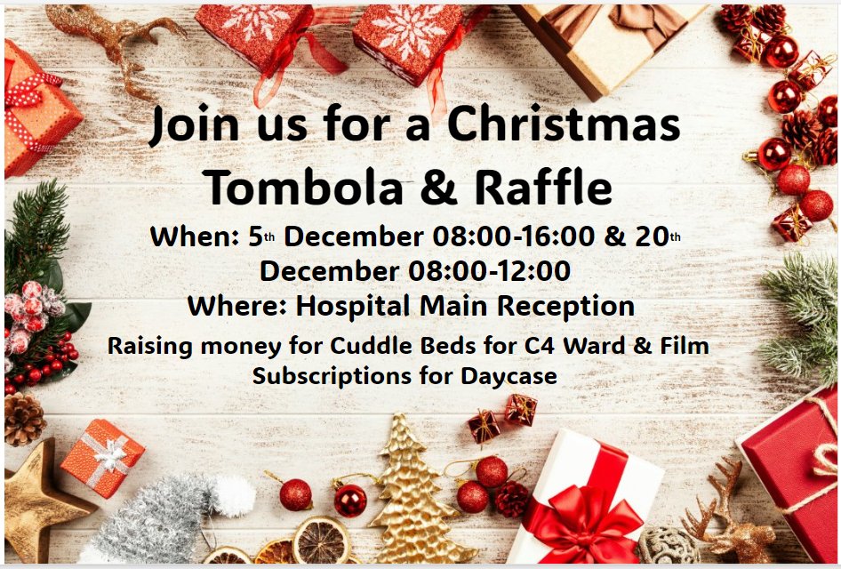 georgina_c4's tweet photo. Is it just me or can I hear bells?
Come and join us for our Christmas events! We will be running a tombola and raffle in the Russell's Hall Main Reception on 5th Dec 08:00-16:00 and 20th Dec 08:00-12:00
The draw for the raffle will take place on 20th December.
Thank you! https://t.co/Ih1tdSUXiY