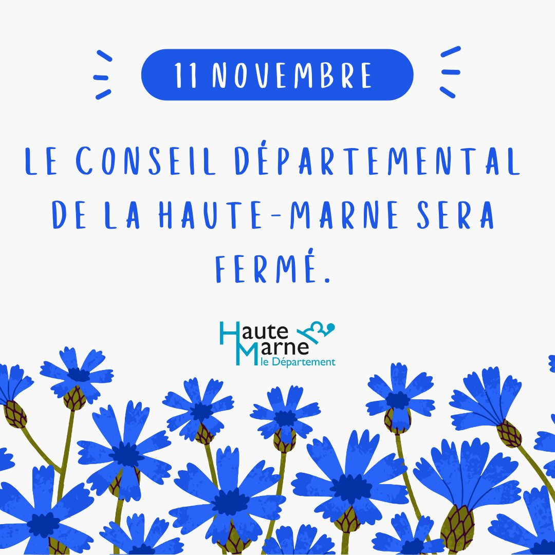 [INFO] ❗

Nous informons le public que le Conseil Départemental de la Haute-Marne sera fermé ce lundi 11 novembre en raison du jour férié de l'Armistice. Les services reprendront leur activité dès le mardi 12 novembre aux horaires habituels.