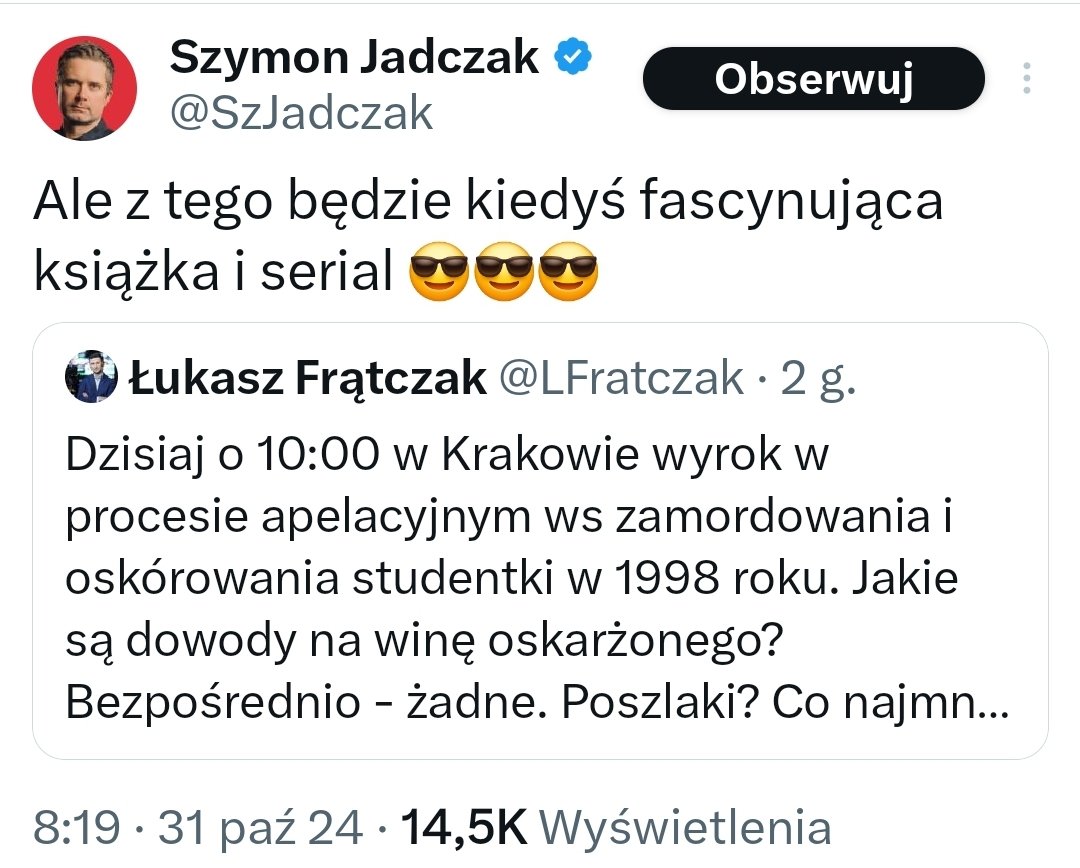 Rzygaliście już dziś? 
Facet (tu Jadczak) zafascynowany zabójstwem i oskórowaniem kobiety 🤮 
Nic nowego.