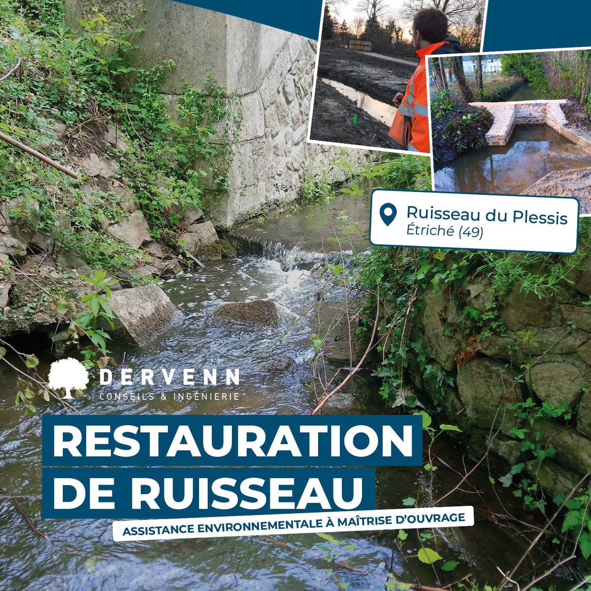 Notre bureau d’études Dervenn Conseils &amp; Ingénierie a été missionné par le Syndicat mixte des basses vallées angevines et de la romme pour réaliser le dimensionnement de la restauration du ruisseau du Plessis et un de son affluent, tous deux très dégradés.