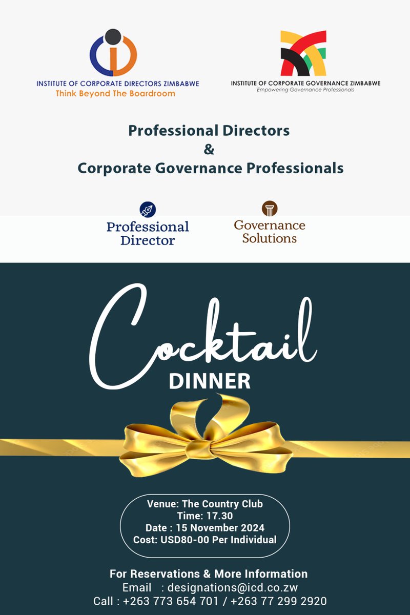 Join Us for the Professional Directors and Corporate Governance Cocktail Dinner!  

Don’t miss out, register at designations@icd.co.zw