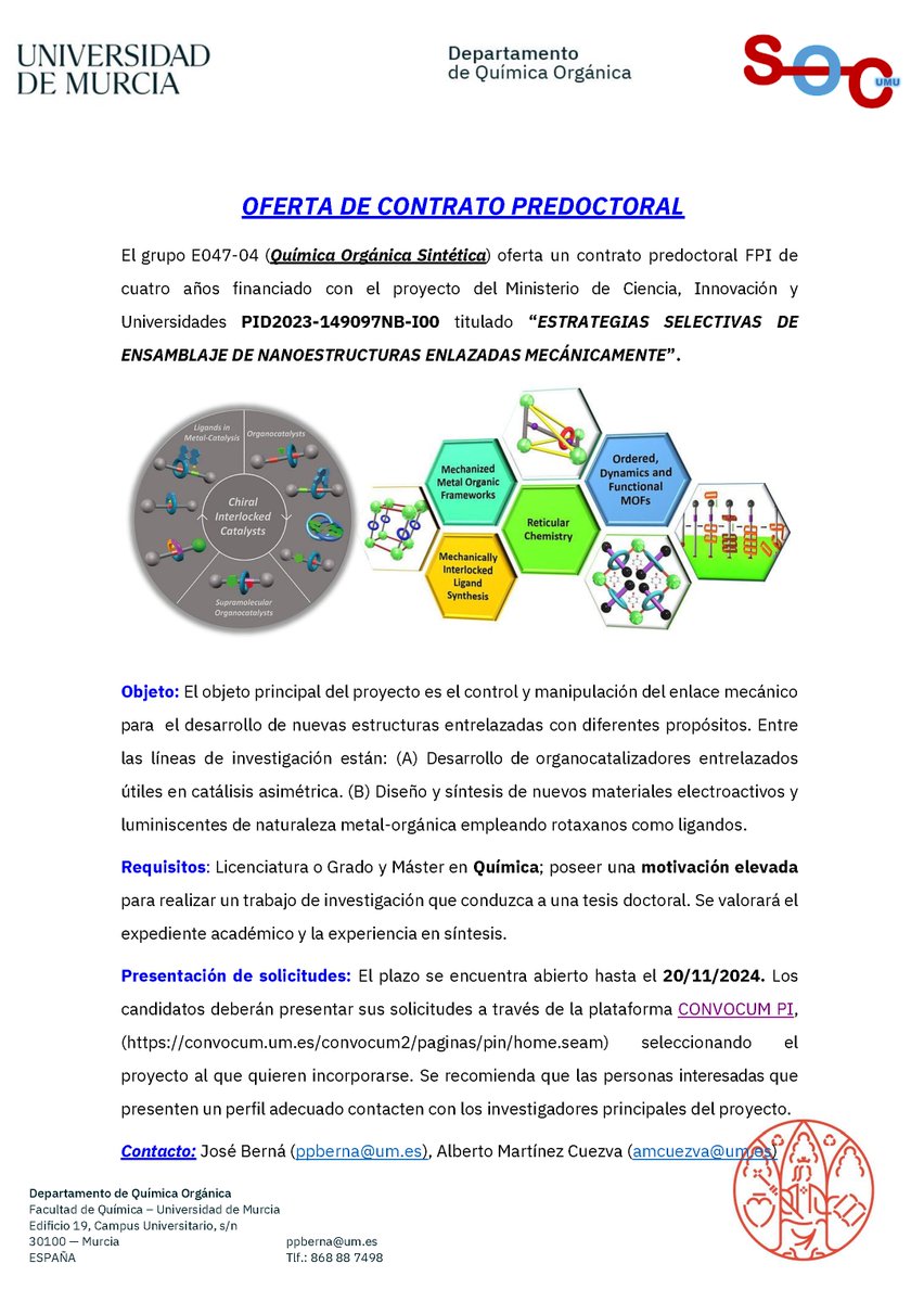 SOC-UMU Lab (@socumu_lab) on Twitter photo 📢 Interesado en hacer una Tesis Doctoral en QuĂmica Supramolecular y compuestos mecánicamente entrelazados? <a href="/socumu_lab/">SOC-UMU Lab</a> busca candidatos motivados para #ContratoPredoctoral, de 4 años. <a href="/kunvoca/">Kunvoca</a> #AcademicTwitter #scijobs <a href="/empleo_idi/">portal de empleo i+d+i</a> Mas info👇 📢 Interesado en hacer una Tesis Doctoral en QuĂmica Supramolecular y compuestos mecánicamente entrelazados? <a href="/socumu_lab/">SOC-UMU Lab</a> busca candidatos motivados para #ContratoPredoctoral, de 4 años. <a href="/kunvoca/">Kunvoca</a> #AcademicTwitter #scijobs <a href="/empleo_idi/">portal de empleo i+d+i</a> Mas info👇