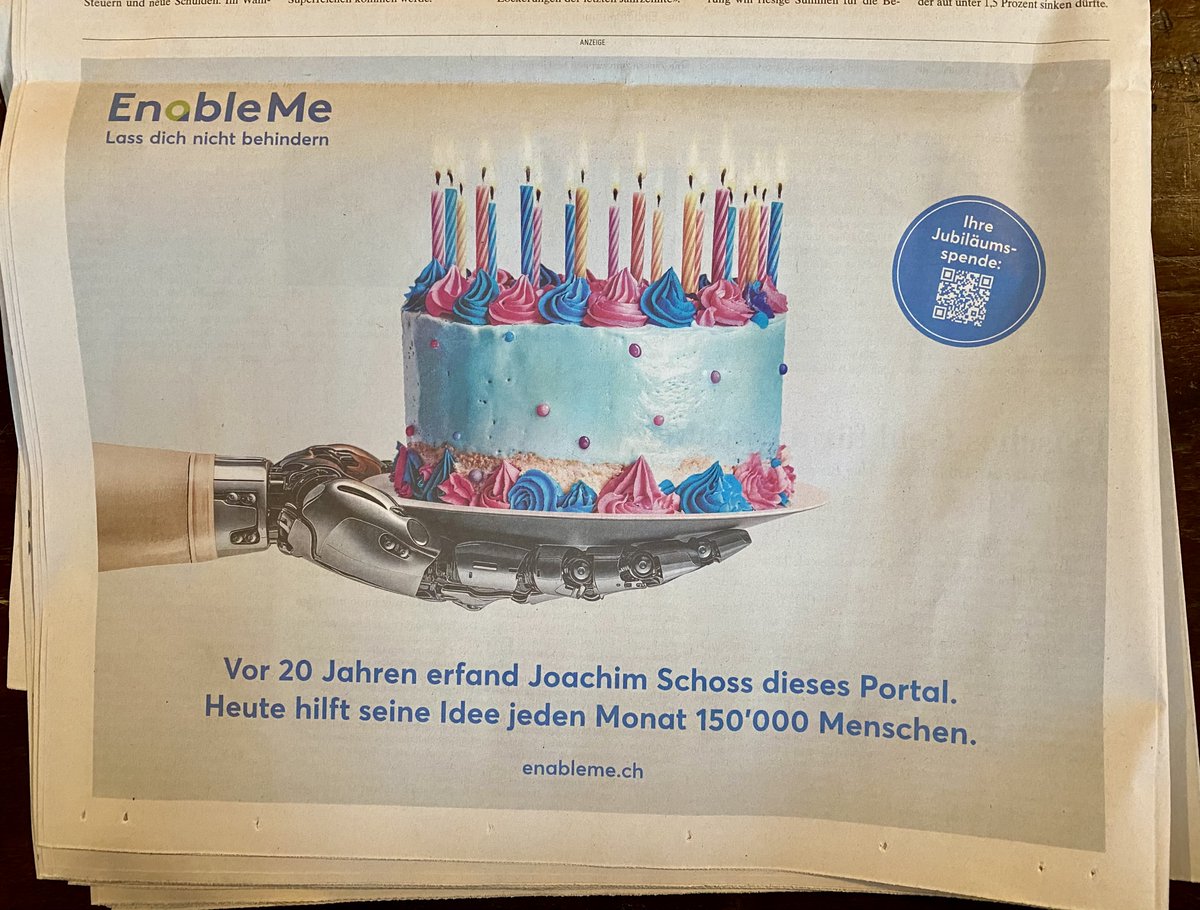 Seit 20 Jahren engagiert sich EnableMe dafür, Menschen mit Behinderungen ein selbstbestimmtes Leben zu  ermöglichen. Als kreativer Stiftungsrat habe ich es mir nicht nehmen  lassen, den Gründer und Freund Joachim mit einem  Geburtstagskuchen zu überraschen. Danke <a href="/NZZ/">NZZ</a>